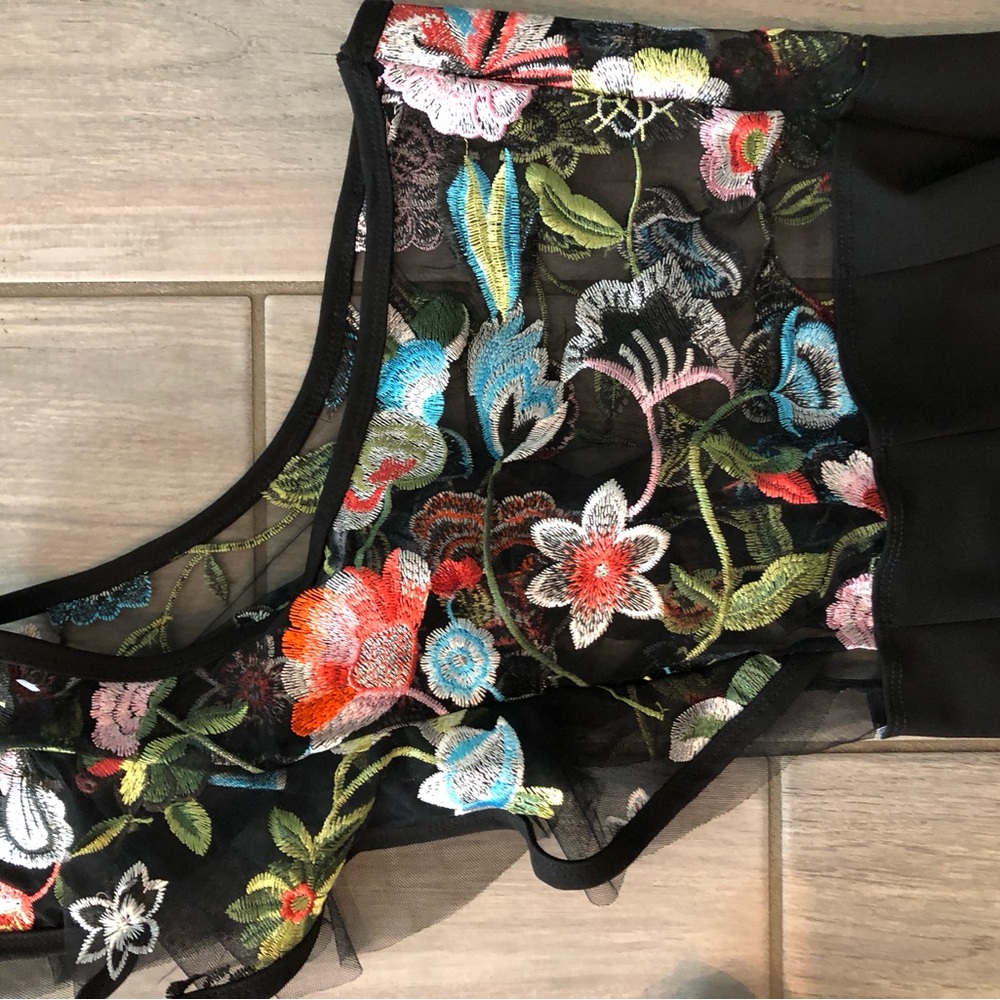 Black Sheer Mesh Top with Colorful Floral Embroidery